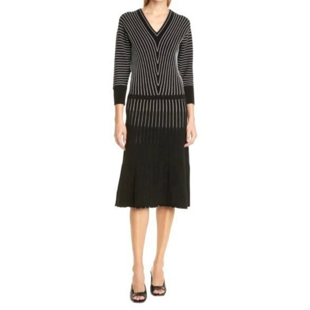 Hugo‎ Boss Women's Fonika Black Stripe V-Neck Midi Sweater Dress Size M
